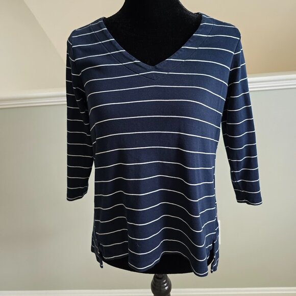 J. Jill Tops - J. Jill Women's Petite Small Navy Blue Striped 3/4 Sleeve Pima V-Neck Shirt Top